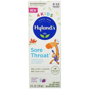 HYLANDS 4 KIDS SORE THROAT LIQUID COLD MEDICINE AGES 2-12 HOMEOPATHIC 4 OZ (118